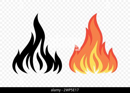 Vektor Feuer Flamme Symbolsatz, Isoliert. Lagerfeuer-Form-Schild, Lagerfeuer-Design-Vorlage für Outdoor, Abenteuer, Naturkonzept. Schwarzweiß und Farbflamme Stock Vektor