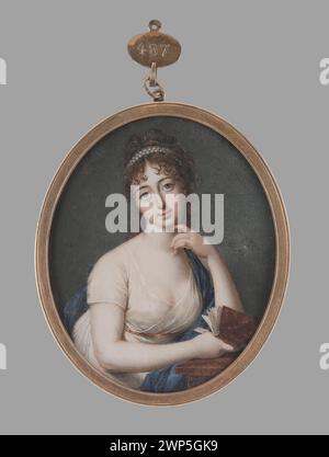 Dieses Porträt von 1810 zeigt eine junge Frau aus Hessen, dargestellt in einer Miniatur aus einer Buchsammlung, mit Schmuck und historischer Kleidung. Stockfoto