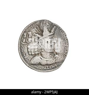 Drachmenmünze aus der Herrschaft von Schapur II. In Persien, 309–379 n. Chr., illustriert die königliche Ikonographie und das Währungsdesign der Sassanier. Stockfoto