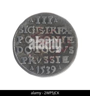 Trojak-Silbermünze, die 1539 während der Regierungszeit von Zygmunt I. Stary ausgegeben wurde, ein historisches polnisches Währungsartefakt Elbląg. Stockfoto