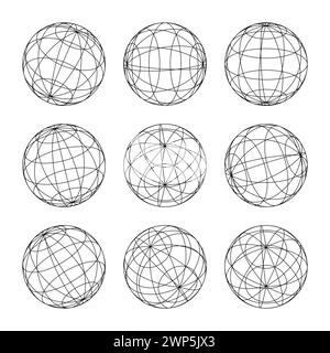 Drahtmodellformen, gefütterte Kugel. Perspektivisches Netz, 3D-Raster. Geometrische Elemente mit niedrigem Poly. Futuristische Retro-Designelemente, y2k, Vaporwave und Synthwave Stock Vektor