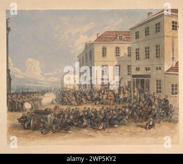 Adrian G. Bockis Zeichnung aus der Zeit um 1861 zeigt Straßenkonflikte auf dem Zamkowy-Platz in Warschau während der Demonstrationen unter russischer Herrschaft vor dem Januaraufstand. Stockfoto