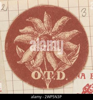 Gehäusedruck von 1913–1921 mit einer Blumenabbildung mit dem Text „O.T.D.“, wahrscheinlich zu dekorativen oder informativen Zwecken. Stockfoto