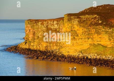 Das Fischerboot Yung Dhal WK190 unterhalb der Klippen auf der westlichen Seite von Dunnet Head, mit Blick nach Norden von Dwarwick Head, Caithness, Schottland, Großbritannien Stockfoto