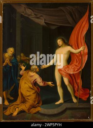 Gemälde mit Jesus Christus, das seinen Schülern nach der Auferstehung erscheint, von einem unbekannten flämischen Maler im 17. Jahrhundert geschaffen, in Warschauer Staatlichen Kunstsammlungen gehalten und Innenräume und religiöse Szenen zeigt. Stockfoto