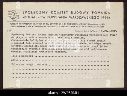 Druck auf Firmenpapier des Sozialausschusses für den Bau des Denkmals "Helden des Warschauer Aufstandes 1944"; Sozialausschuss für den Bau der Helden des Warschauer Aufstandes 1944; 24.07-6.08.1987 (1987-00-1987-00); Warschau (Woiwodschaft Masowien), Denkmal für die Helden des Warschauer Aufstandes 1944 (Warschau), Denkmäler Stockfoto