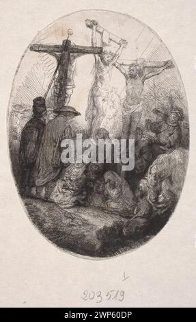 Rembrandt van Rijns Oval-Gemälde von 1641-1648 zeigt die Kreuzigung Jesu Christi in Golgatha, einer Szene der Passion des Neuen Testaments. Stockfoto