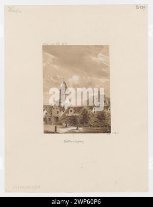 Blick auf das Jakobertor-Stadttor in Augsburg mit mittelalterlicher Architektur und urbaner Umgebung, dargestellt von Albert Dietrich Schadow im Jahr 1854. Stockfoto