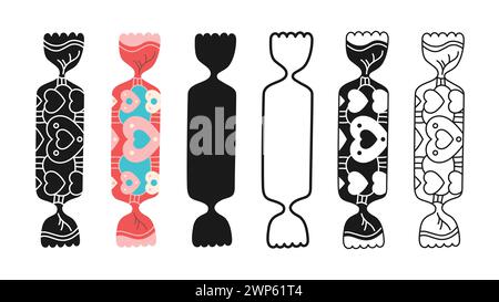 Eingewickelte Süßigkeiten mit Doodle Ornament. Zeichentricksymbol Bonbon, Stempel Lutscher, Linie Süßigkeiten Snack Design Set. Leckere Zucker Dessert Lebensmittel kindisch gewickelt Karamell lecker Süßigkeiten Grafik Vektor Illustration Stock Vektor