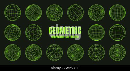 Drahtmodellformen, gefütterte Kugel. Perspektivisches Netz, 3D-Raster. Geometrische Elemente mit niedrigem Poly. Futuristische Retro-Designelemente, y2k, Vaporwave und Synthwave Stock Vektor