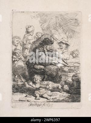 Rembrandt van Rijns Gemälde aus dem Jahr 1635 zeigt eine Frau, die in einer Küche Pfannkuchen brät und Genre-Szenen und allegorische Themen illustriert. Stockfoto