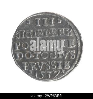 Trojak-Silbermünze aus Elbląg, ausgestellt unter Zygmunt I. Stary, König von Polen, im Jahr 1537, mit königlichen Insignien und Stückelungszeichen. Stockfoto