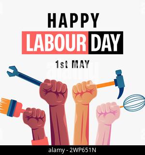 Vector Happy Work Day mit Händen, die Arbeitsgeräte halten Stock Vektor