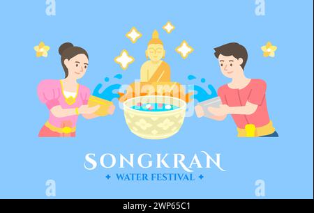 songkran thailand Wasserfestival Feier. Menschen Mann und Frau Spritzen Wasser und buddha Statue Gießen Wasser Zeremonie flache Stil Vektor Illustration Stock Vektor
