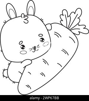 Süßes Kaninchen mit großer Karotte. Lustige Charaktere des Kawaii-Tieres. Vektorabbildung. Linienzeichnung, Malbuch. Kinderkollektion Stock Vektor