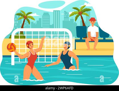 Wasser-Polo-Sport-Vektor-Illustration mit Spieler spielt, um den Ball auf das gegnerische Tor im Schwimmbad im flachen Zeichentrickhintergrund zu werfen Stock Vektor