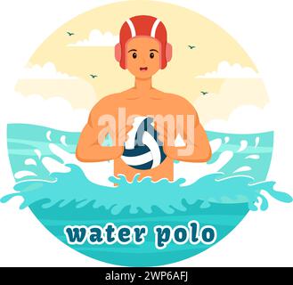 Wasser-Polo-Sport-Vektor-Illustration mit Spieler spielt, um den Ball auf das gegnerische Tor im Schwimmbad im flachen Zeichentrickhintergrund zu werfen Stock Vektor