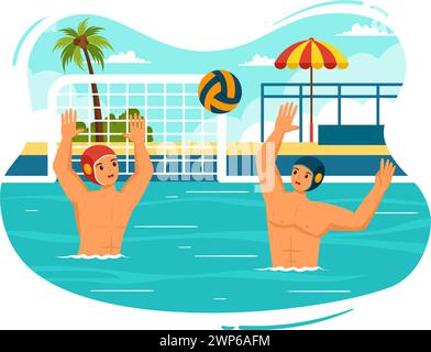 Wasser-Polo-Sport-Vektor-Illustration mit Spieler spielt, um den Ball auf das gegnerische Tor im Schwimmbad im flachen Zeichentrickhintergrund zu werfen Stock Vektor