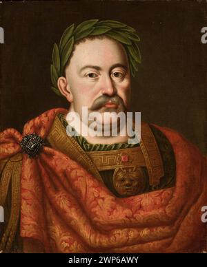 Porträt des polnischen Königs Jan III. Sobieski (1629–1696) in Lorbeerbekleidung, gemalt von D. Kaczanowski um 1793, betont königliche Ikonographie und Porträtstil des 18. Jahrhunderts, erhalten in der Smolikowski-Sammlung. Stockfoto