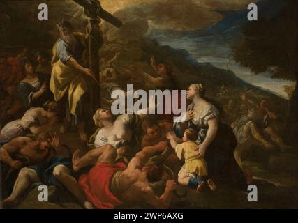 Ein religiöses Kupfergemälde von Nicola Malinconico (1663–1721) aus dem späten 17. Jahrhundert (1650–1700), das Moses und biblische Szenen darstellt. Das Kunstwerk zeigt figurale Darstellungen und den Hintergrund des Himmels, einschließlich eines Kupferschlangenmotivs. Stockfoto