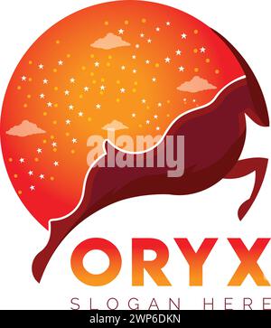 Abstraktes Oryx-springendes Silhouette-Logo-Design mit Sternenhimmel-Sonnenuntergang-Hintergrund Stock Vektor