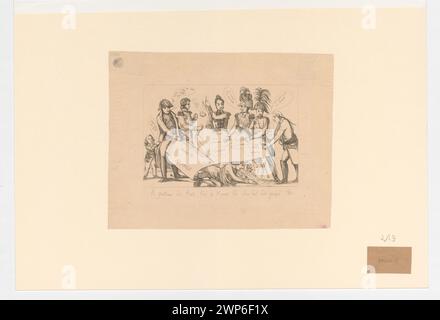 Królewski kołacz - satirische Gravur auf dem Wiener Kongress; unbestimmter Grafiker; ca. 1815 (1815-00-00-1816-00);Europa (Kontinent), Kazimierz (1878-1949) - Sammlung, Wiener Kongress (1814-1815), Ludwig XVIII (König von Frankreich - 1755-1824) - Ikonographie, Napoleon I. (französischer Kaiser - 1769-1821), Polen, Russland, Woźnicki, Italien (Staat), Geschenk (Provenienz), moralische Karikaturen, Satire, politische Satire Stockfoto