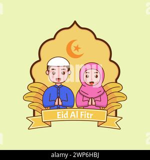 Vektor-Illustration eines Mannes und einer Frau, die die Geste von Salam machen. Ramadan Kareem-Designkonzept Stock Vektor