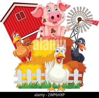 Bunte Bauernhoftiere, die in der Scheune gesammelt wurden. Stock Vektor