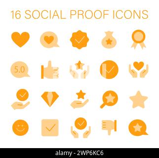 Social Proof Concept-Symbolsatz. Vertrauensbildende Symbole für Glaubwürdigkeit und Ruf. Symbole für Kundenzufriedenheit, Qualitätssicherung und positives Feedback. Illustration des flachen Vektors. Stock Vektor