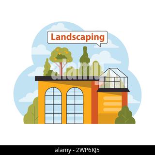 Moderner urbaner Dachgarten. Das orange Gebäude verfügt über üppiges Grün, einen lebhaften Baum und ein angrenzendes Gewächshaus. Die Stadt drängt auf Grünflächen. Illustration des flachen Vektors Stock Vektor