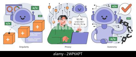 KI-Ethik festgelegt. Ausrichtung und Regulierung künstlicher Intelligenz. Rechenschaftspflicht, Singularität und Autonomie, Vorurteile, Transparenz, Sicherheit und Privatsphäre. Illustration des flachen Vektors. Stock Vektor