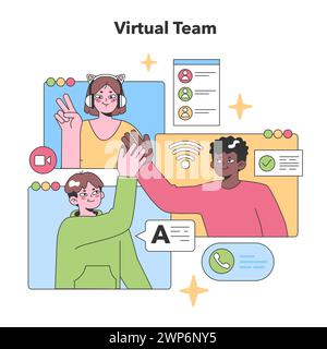 Farbenfrohe Illustration, in der ein vielfältiges virtuelles Team über Online-Plattformen interagiert und die Zusammenarbeit und Remote-Konnektivität hervorgehoben wird. Illustration des flachen Vektors. Stock Vektor