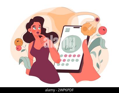 Ovulationskonzept. Eine durchdachte Frau bewertet ihren Fruchtbarkeitszyklus, dargestellt mit einer Ovar-Illustration und einer mobilen App. Der Rhythmus der Natur trifft auf modernes Tracking. Illustration des flachen Vektors Stock Vektor