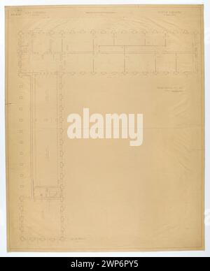 Horizontaler Exekutivplan des linken Flügels (Teile VI-VII) des Nationalmuseums Warschau und des Polnischen Armeemuseums mit Fenster- und Türabmessungen, gezeichnet von Tadeusz 1927 im Maßstab 1:100. Stockfoto