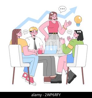 Teamwork in Aktion. Junge Fachkräfte arbeiten zusammen, tauschen Ideen aus und entwickeln Strategien für das Unternehmenswachstum. Besprechung, Ideengenerierung, Fortschrittsdiagramm. Illustration des flachen Vektors Stock Vektor