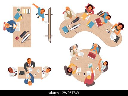 Draufsicht der Büromitarbeiter am Arbeitsplatz, die nach dem Set suchen Stock Vektor