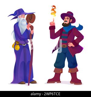 Mittelalterliche Zauberer- und Zauberfiguren isoliert auf weißem Hintergrund. Vektor-Karikaturillustration des alten bärtigen weisen Mannes mit hölzernem Stab, junger Trickster, der Tricks mit Feuer zeigt, Märchendesign Stock Vektor