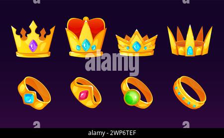 Goldene Königs- und Königskrone und Ring mit Edelsteinen und rotem Kissen. Zeichentrickvektor Illustration Set von mittelalterlichen kostbaren königlichen Schmuck. Symbole der spieloberflächen mit goldenen Schätzen und dem Inventar des alten Königreichs. Stock Vektor