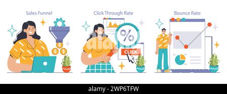 Digitales Marketing. Frau analysiert Verkaufstrichter, Mann überprüft Klick-Through-Kennzahlen und analysiert ein Diagramm der Absprungrate. Verbraucherverhalten, Benutzerinteraktion, Website-Performance. Illustration des flachen Vektors Stock Vektor
