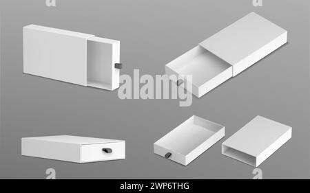 3D-Satz von Objektträgern isoliert auf grauem Hintergrund. Realistische Illustration des offenen und geschlossenen weißen Pappkartons, Kartonverpackungsmodell, rechteckiger leerer Papierbehälter für Geschenkpaket Stock Vektor