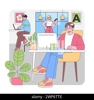Kreatives Team bei der Arbeit in einem lebendigen Büro. Die Charaktere setzen sich mit Technik auseinander, diskutieren Projekte und zeigen einen gemeinsamen Geist. Künstlerische Einrichtung, Tageslicht. Illustration des flachen Vektors Stock Vektor