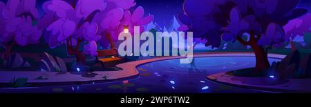 Leerer Stadtpark mit Brücke über Teich oder Fluss, rosa blühenden Sakura-Bäumen und Laternen in der Nacht. Comic-Frühlingsvektor japanischer Kirschwälder im urbanen Garten. Stock Vektor