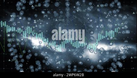 Bild der Datenverarbeitung auf der ganzen Welt mit Symbolen Stockfoto