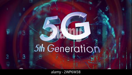 Bild des silbernen Textes 5g der 5. Generation, mit glühender Kugel und Datenverarbeitung auf rotem Hintergrund Stockfoto