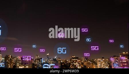 Abbildung: 6g-Text über Stadtbild Stockfoto