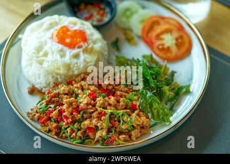 Traditionelles, einfaches thailändisches Essen, gebratenes Schweinefleisch mit Basilikum und Spiegelei über Reis oder Pad Kra Pao Moo Kai Down in thailändischer Sprache. Nahaufnahme Lebensmittelaufnahme Stockfoto