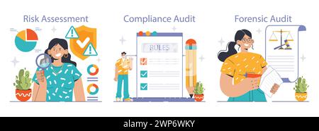 Auditprozesse festgelegt. Sorgfältige Frau untersucht Daten zur Risikobewertung. Eifriger Mann sorgt für die Einhaltung der Checkliste. Forensische Überprüfung mit der Dokumentation der Justizskalen. Illustration des flachen Vektors Stock Vektor