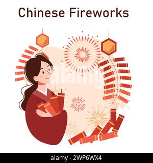 Chinesische Neujahrstradition. Fröhliche asiatische Familienurlaub am festlichen Tag. Die Charaktere feiern nationale asiatische Festlichkeiten mit Feuerwerk, Laterne und Drachentanz. Illustration des flachen Vektors Stock Vektor