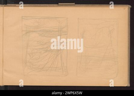 Zwei Skizzen von Ferdynand Ruszczyc aus dem Jahr 1900-1910, die Straßenkreuze in Litauen mit Häusern und Landschaft im Hintergrund zeigen und Komposition und Platzierung betonen. Stockfoto