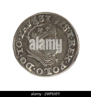 Silberne Trojak-Münze aus dem Jahr 1540, ausgestellt in Gdańsk unter König Zygmunt I. Stary, mit einem Porträt auf der Vorderseite und umgekehrten Inschriften. Stockfoto